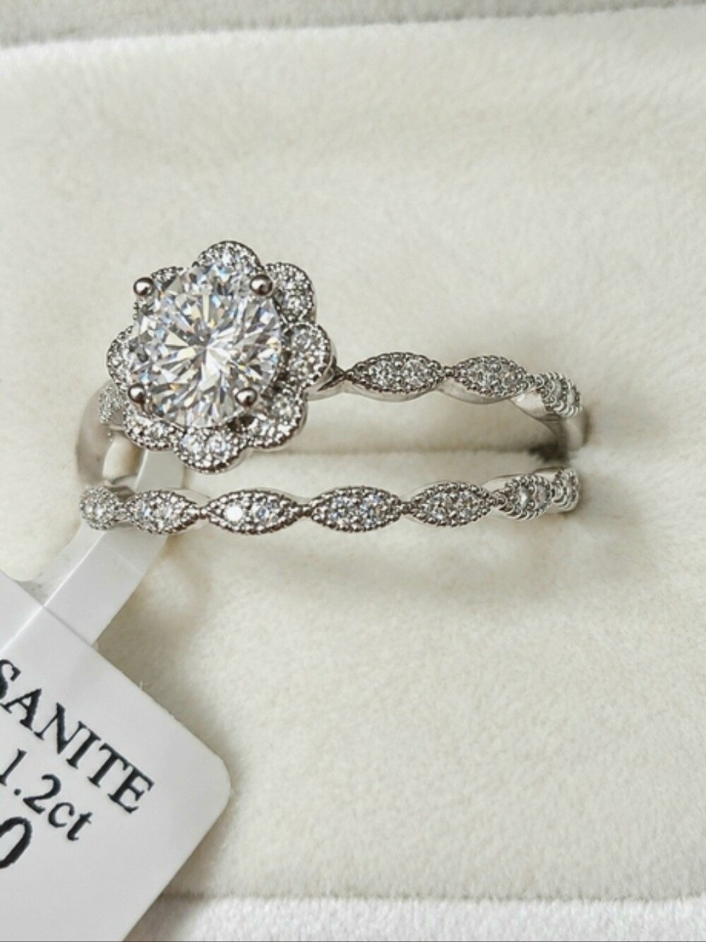 Silver 1.2ct Moissanite Petal Halo Engagement Ring Set, 2 Pieces, Sz 10l